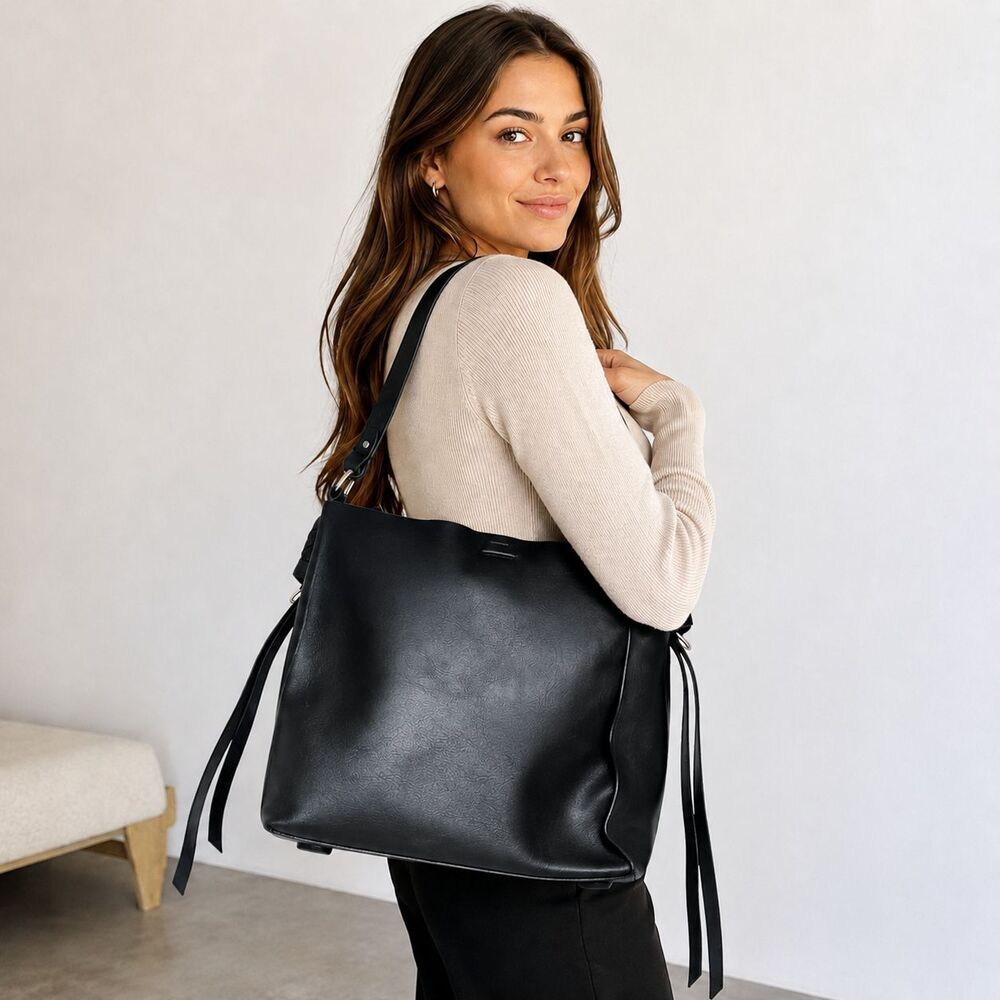 AllSaints Voltaire North South Tote Black Leather Shoulder Bag Large Minimalist